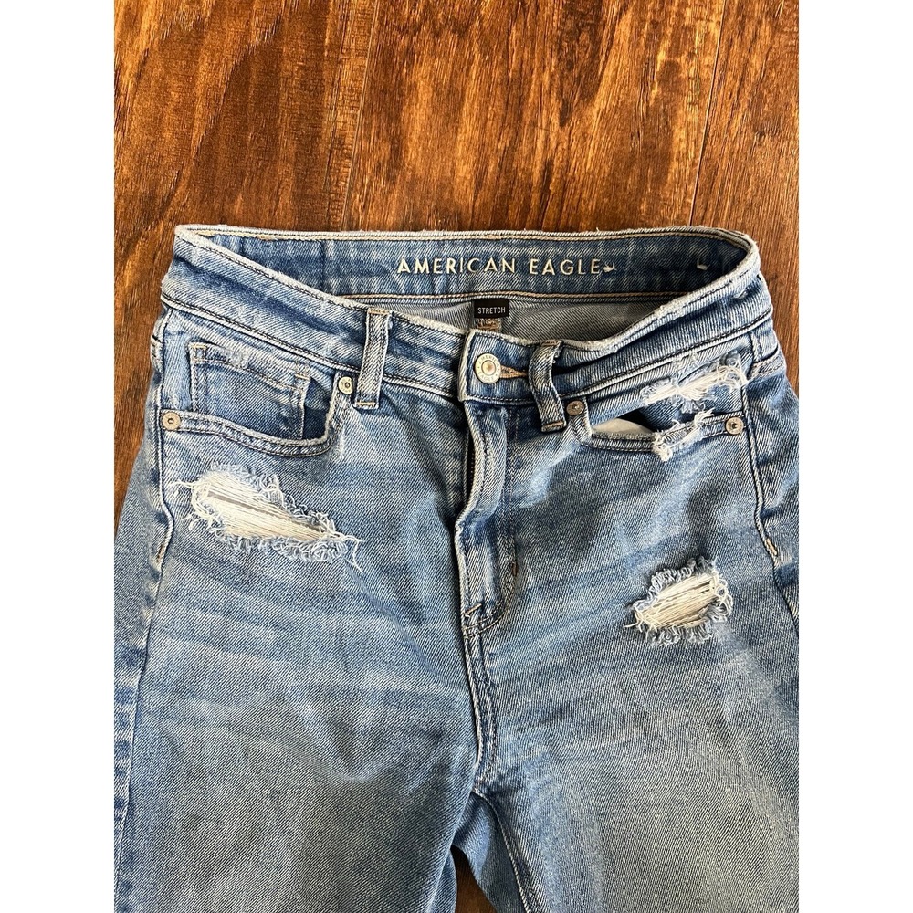 American Eagle Womens Size 0 Mid Rise Skinny Jeans Light Wash Distressed Stretch - Picture 4 of 7